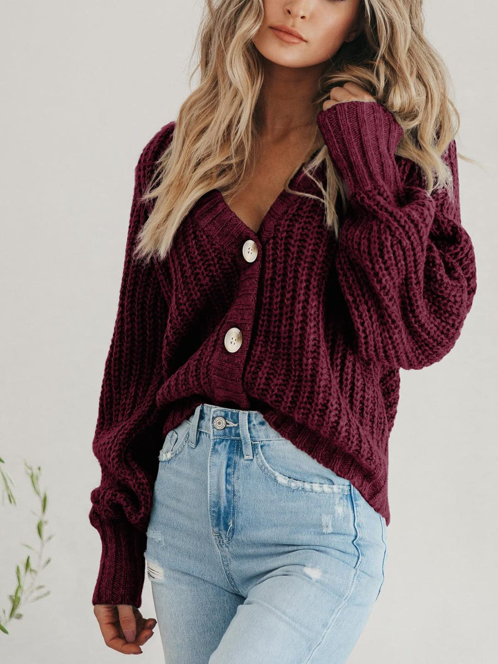PRETTYGARDEN Women's Long Sleeve Plain Button Down Sweater Classic V-Neck Knit Cardigan Open Loose Outwear Coats (Wine Red,Small)