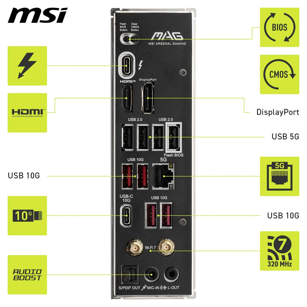 MSI MAG B860 Tomahawk WiFi Motherboard, ATX - Supports Intel Core Ultra Processors (Series 2), LGA 1851 - DDR5 Memory Boost 9200+ MT/s OC, 1 x PCIe 5.0 x16, 1 x M.2 Gen5, 5G LAN, Wi-Fi 7