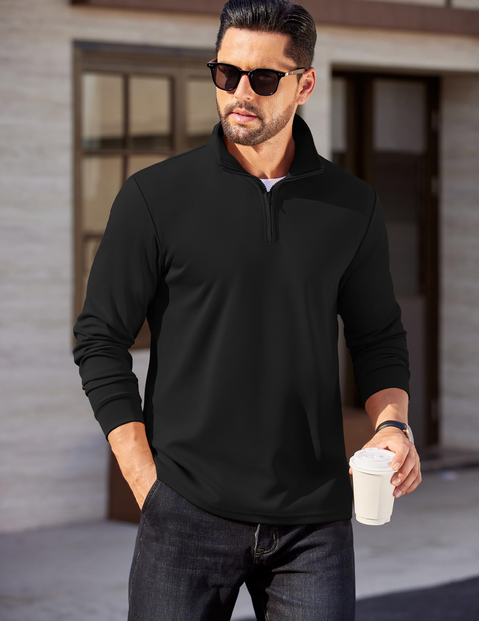 COOFANDY 1/4 Zip Pullover Mens Casual Half Zip Polo Shirt Classic Mock Neck Sweaters Long Sleeve Fashion 3/4 Zip Sweatshirts Black