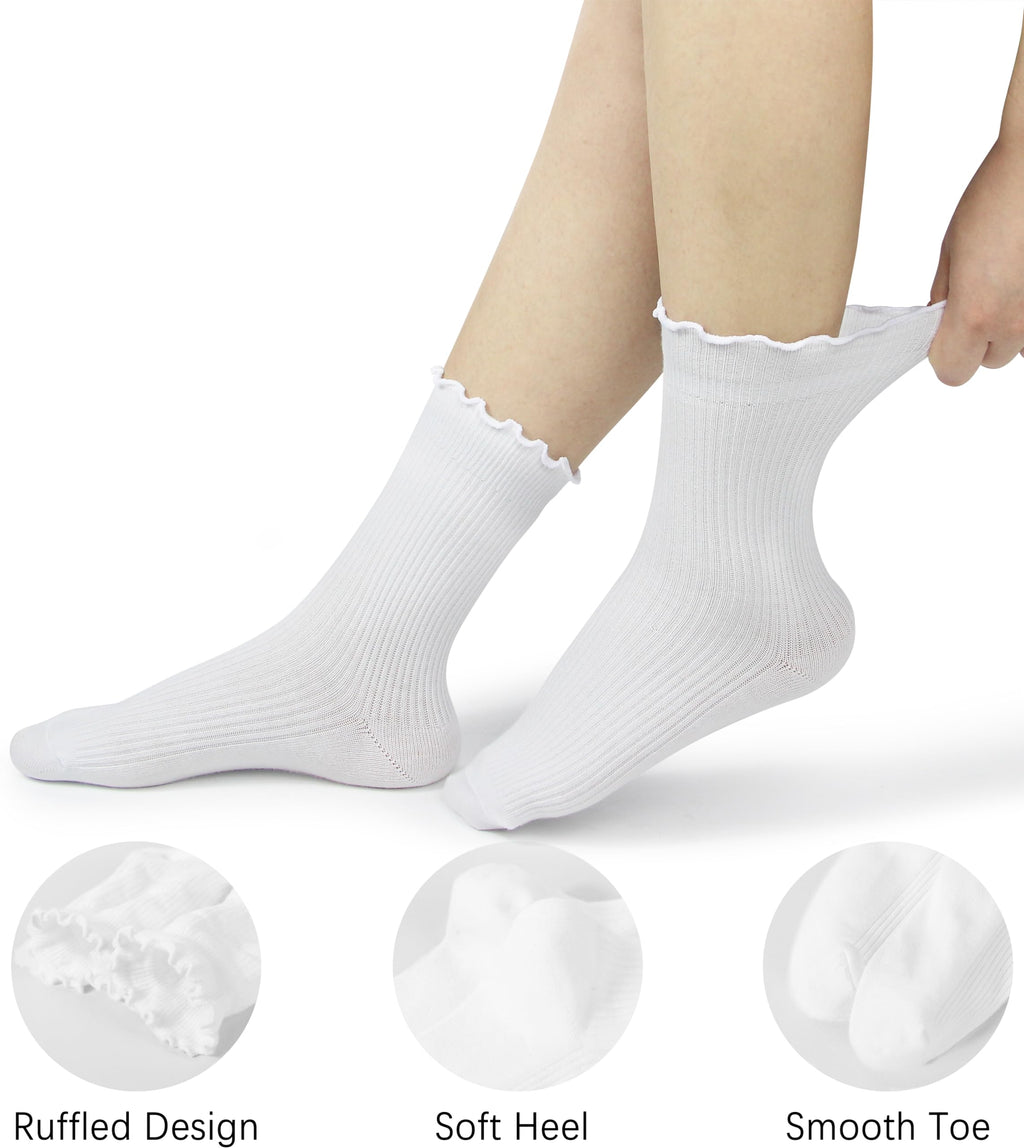 BomKinta Ruffle Socks Women Lightweight Cotton Sock Turn-Cuff Frilly Sock Casual Athletic Crew Socks Gifts White 6 Pairs Size 5-10