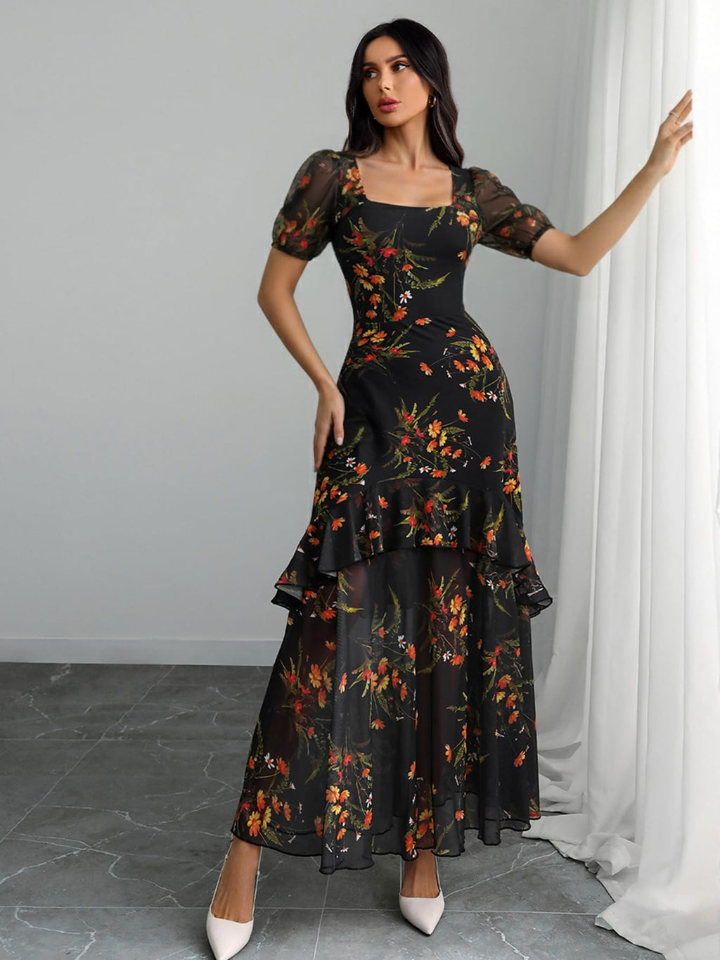 GothDark Cute Dress for Wedding Guest Summer Dresses for Women 2026 Vacation Square Neck Dress Orange Small Fits US Size 4
