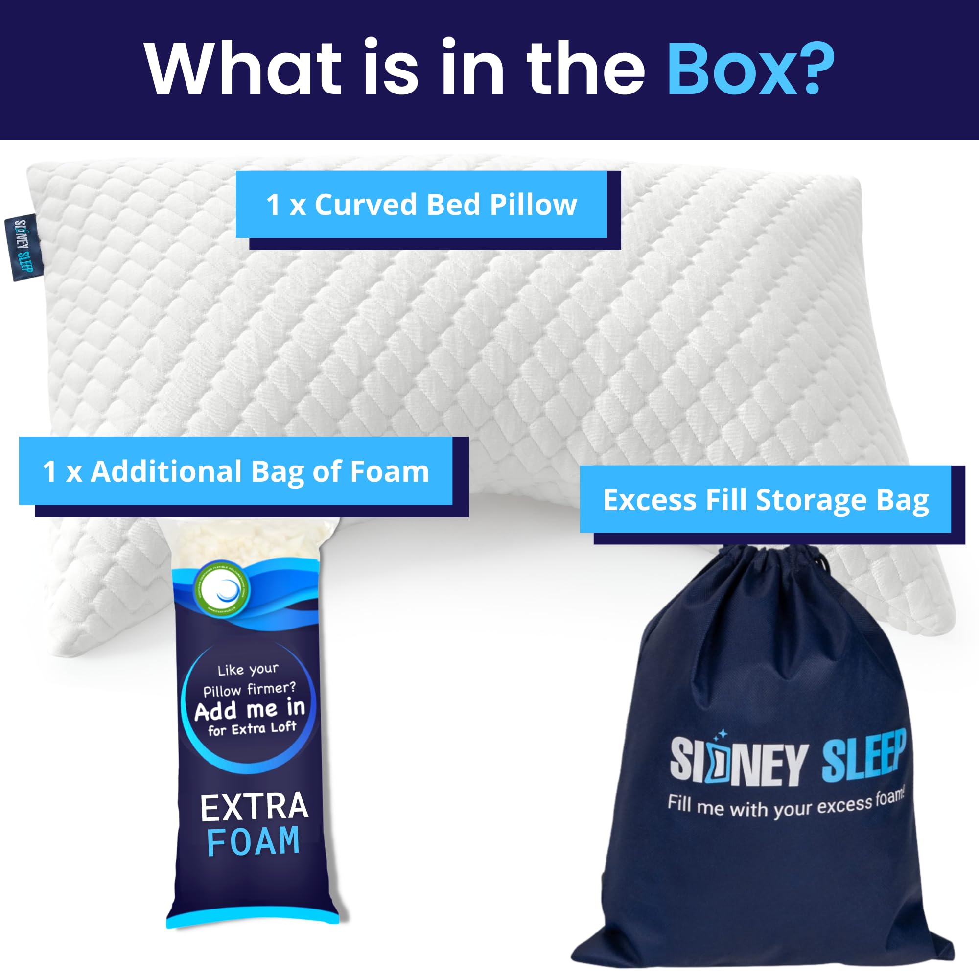 Sidney Sleep Adjustable Curved Pillows for Neck and Shoulder Support with Extra Shredded Fill - Cervical Contour Pillow for Side and Back Sleepers - Queen Size 19" x 29" CertiPUR-US Certified (White)