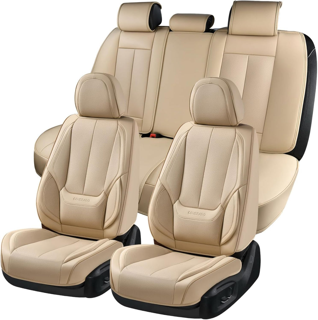 Coverado Car Seat Covers Full Set, Car Seat Protector Waterproof, Nappa Leather Car Seat Cushion, Beige Seat Covers for Cars, Front Seats and Back Universal Fit for Most Cars
