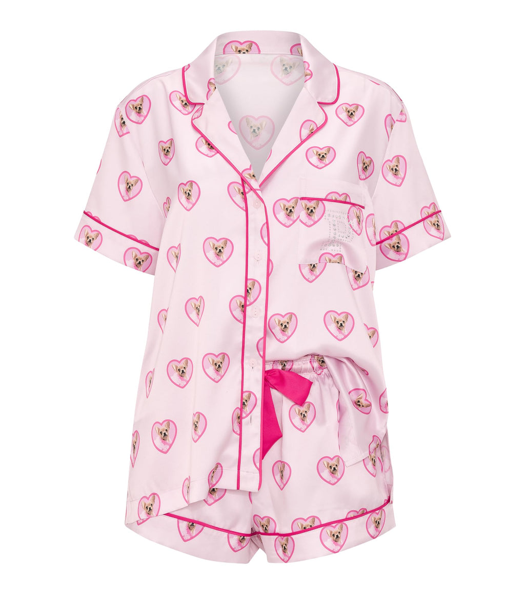 Victoria's Secret PINK | Elle 3-Piece Satin Eye Mask & Short Pajama Set, Pink Tulip Dog, M