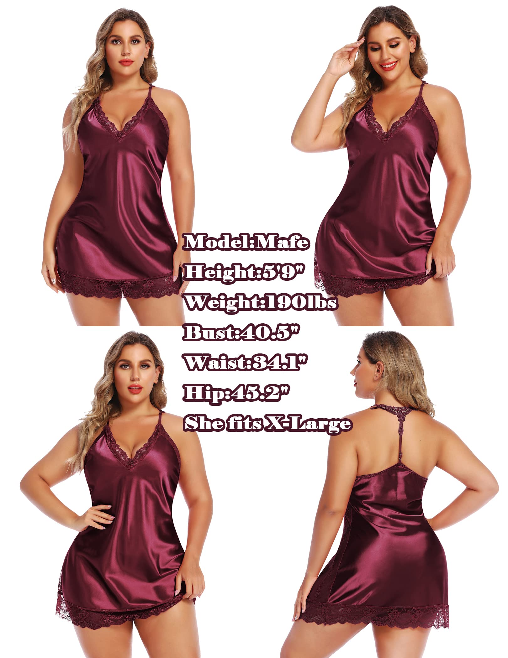 Avidlove Womens Lingerie Satin Lace Chemise Nightgown Nightshirt Full Slips Sleepwear (Dark Red, Medium)
