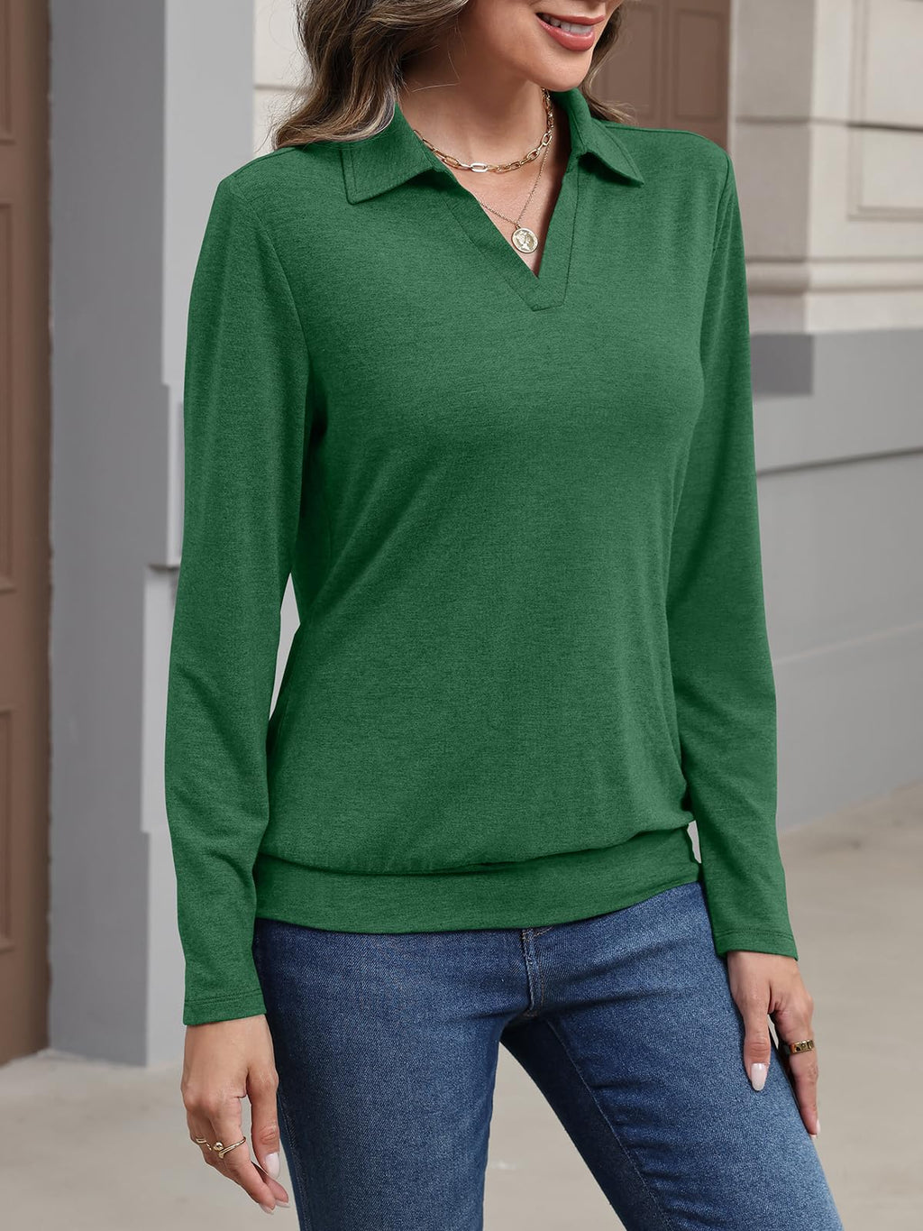 TICTICMISS Womens Polo Shirts Long Sleeve Banded Bottom Tops Business Casual Tops Collared V Neck Blouses Green