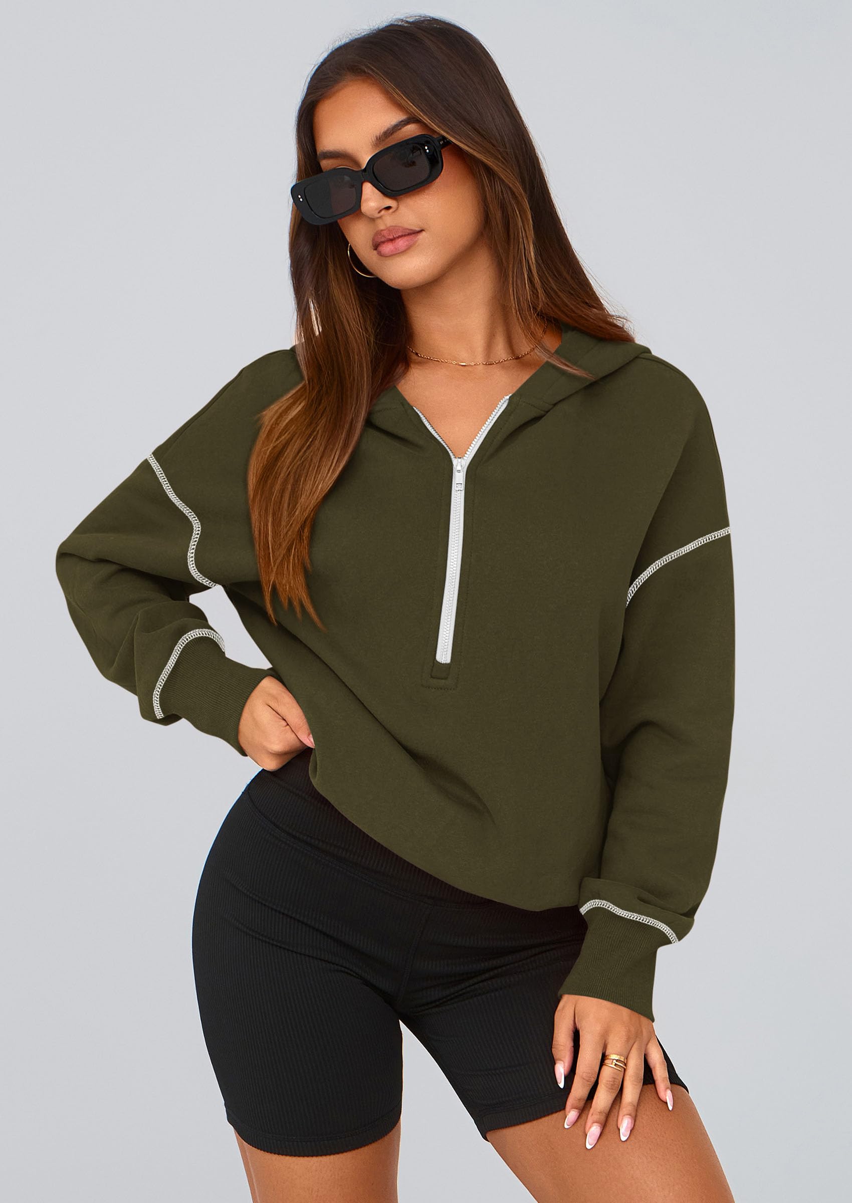 PRETTYGARDEN Women's 2026 Fall Hooded Sweatshirts Long Sleeve Half Zip Cropped Hoodies Pullover Winter Fashion Clothes (Army Green,Small)