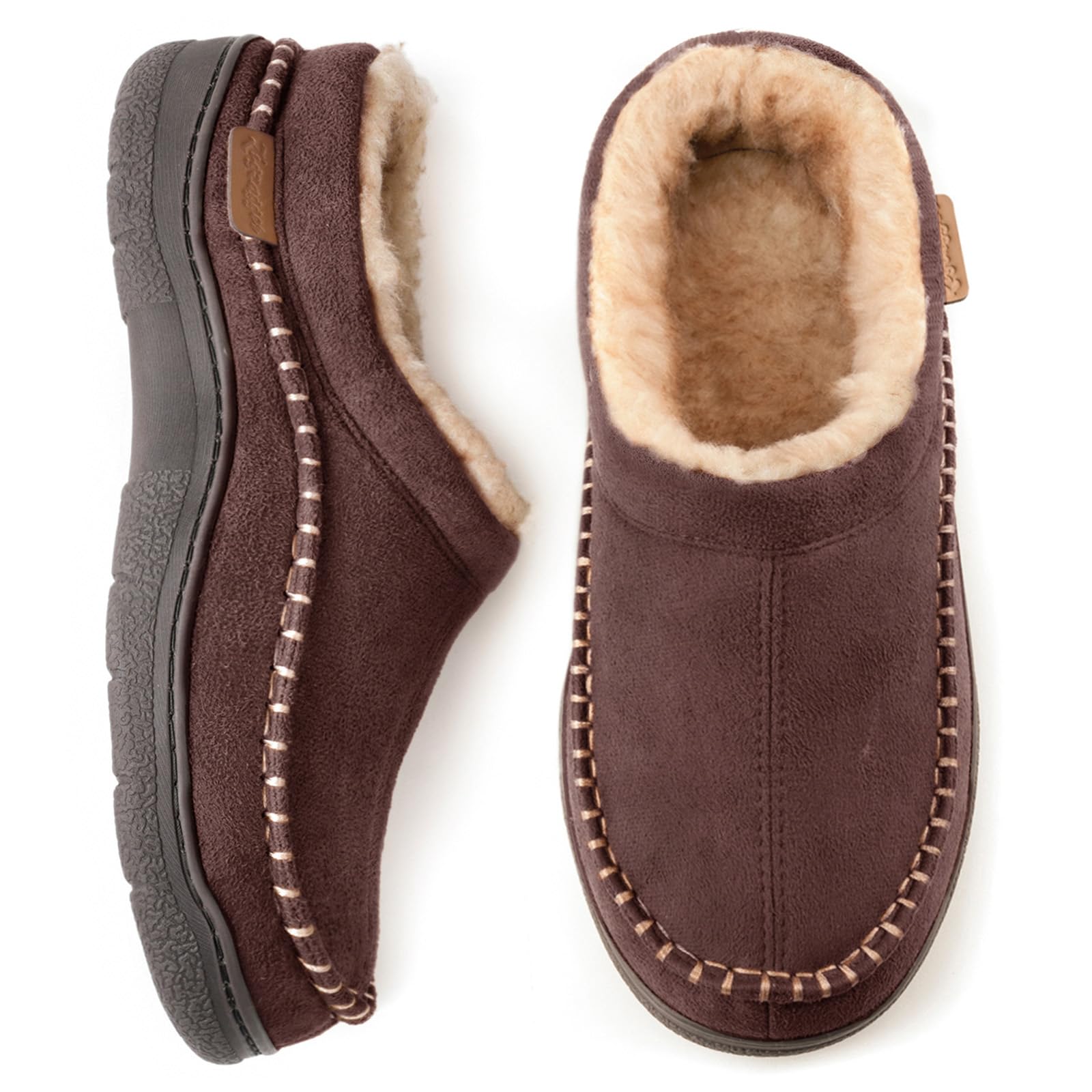 Zigzagger Men's Slip On Moccasin Slippers, Indoor/Outdoor Warm Fuzzy Comfy House Shoes, Fluffy Wide Loafer Slippers,Coffee, 9-10 D(M) US