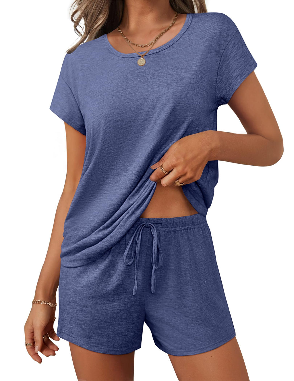 Ekouaer Women 2 Piece Pajamas Set Short Sleeve Comfy Lounge Set Round Neck Tops and Shorts Pjs with Pockets Dark Blue L