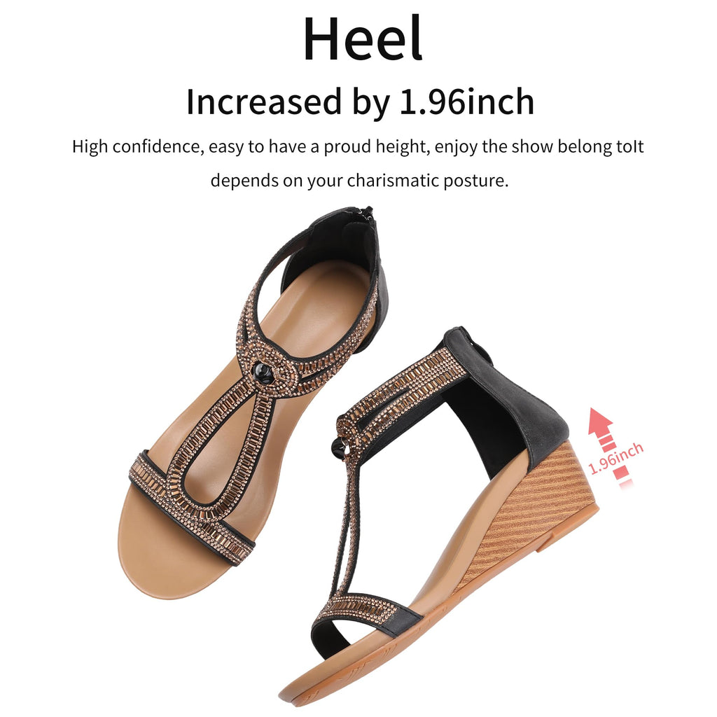WOJWSKI Wedge Sandals for Women Bohemia Rhinestone Open Toe Roman Heel Zipper Summer Dressy Women's Beach Casual Shoes（Black4-M5）
