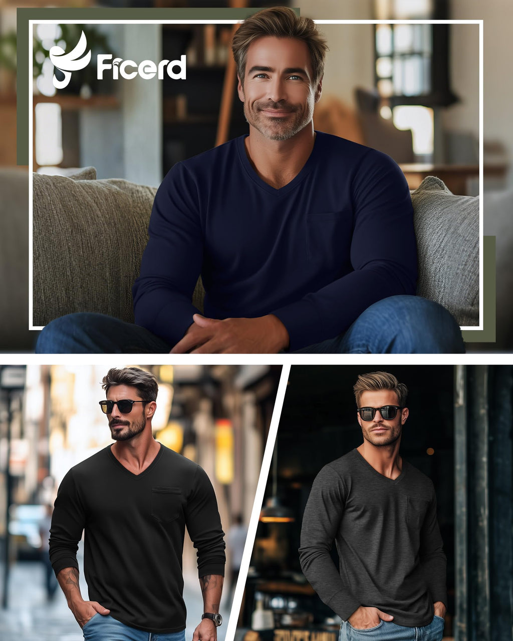 Ficerd 3 Pack Men's Big and Tall V Neck Shirts with Pocket Long Sleeve Plus Size Tops Basic Casual Loose Fall Tee(Black, Heather Gray, Navy Blue,X-Large)