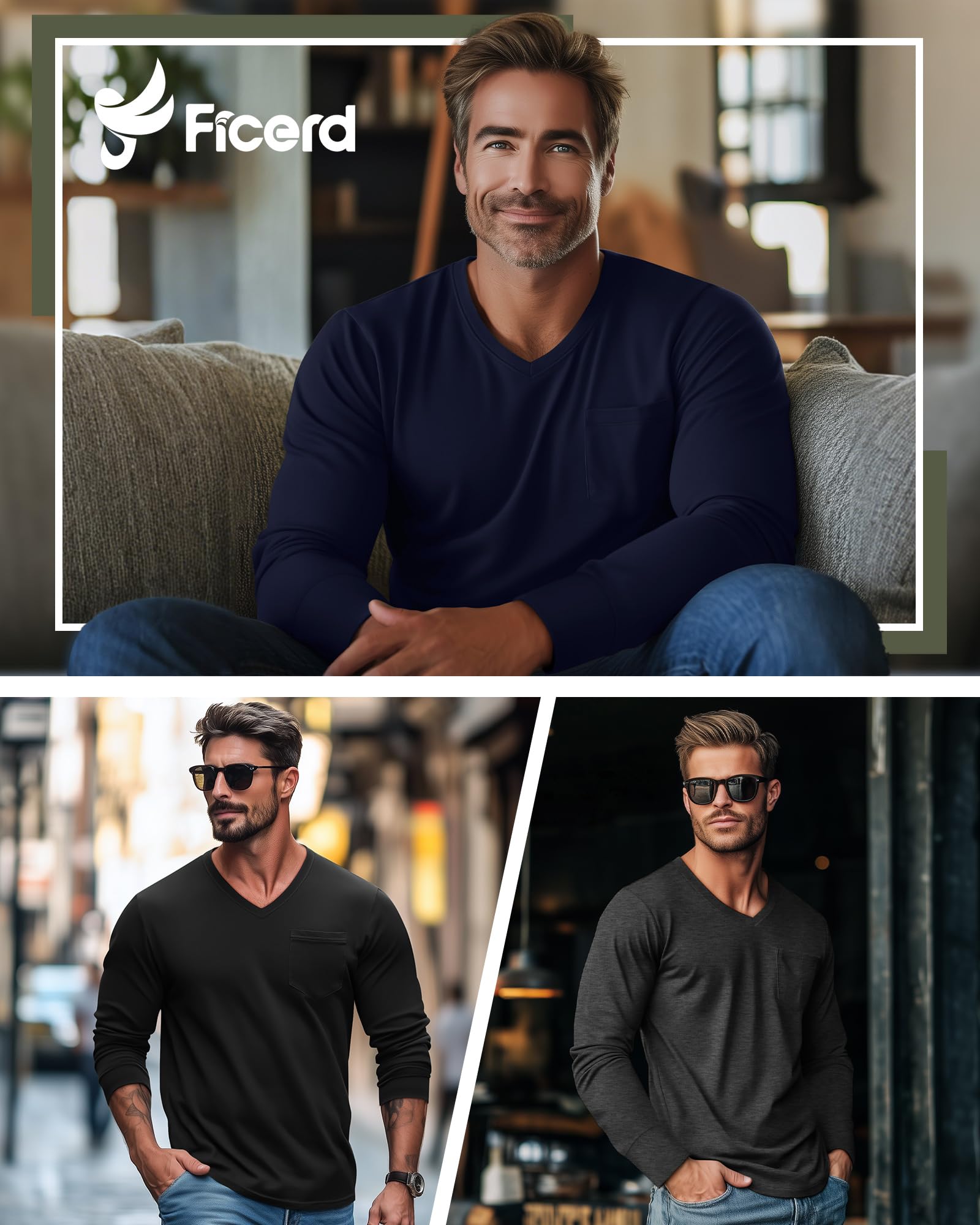 Ficerd 3 Pack Men's Big and Tall V Neck Shirts with Pocket Long Sleeve Plus Size Tops Basic Casual Loose Fall Tee(Black, Heather Gray, Navy Blue,X-Large)