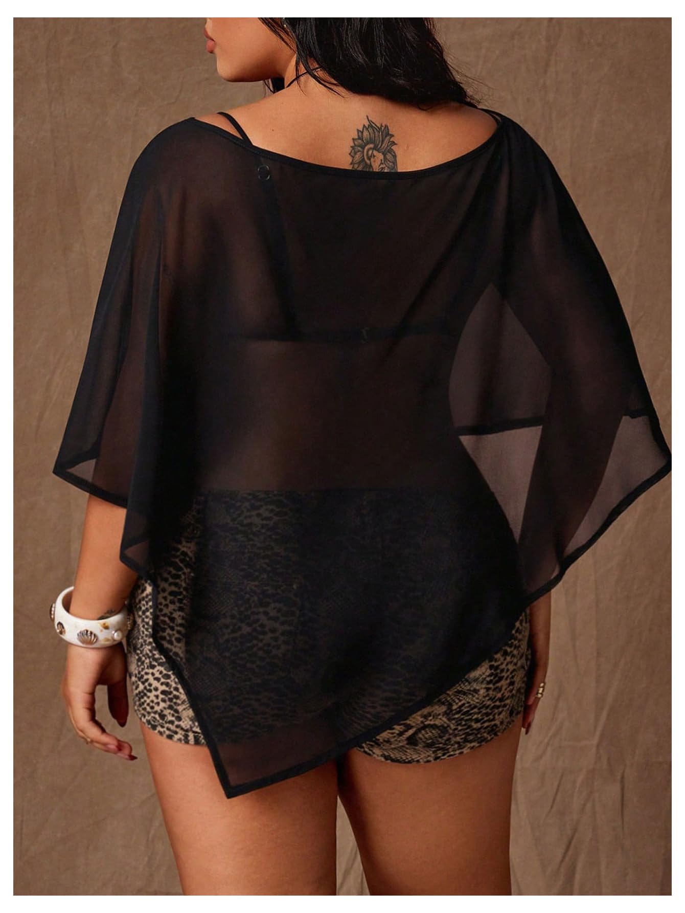 WDIRARA Women's Plus Size Mesh Sheer Poncho Tops Boat Neck See Through Asymmetrical Tee Shirts Black XX-Large Plus