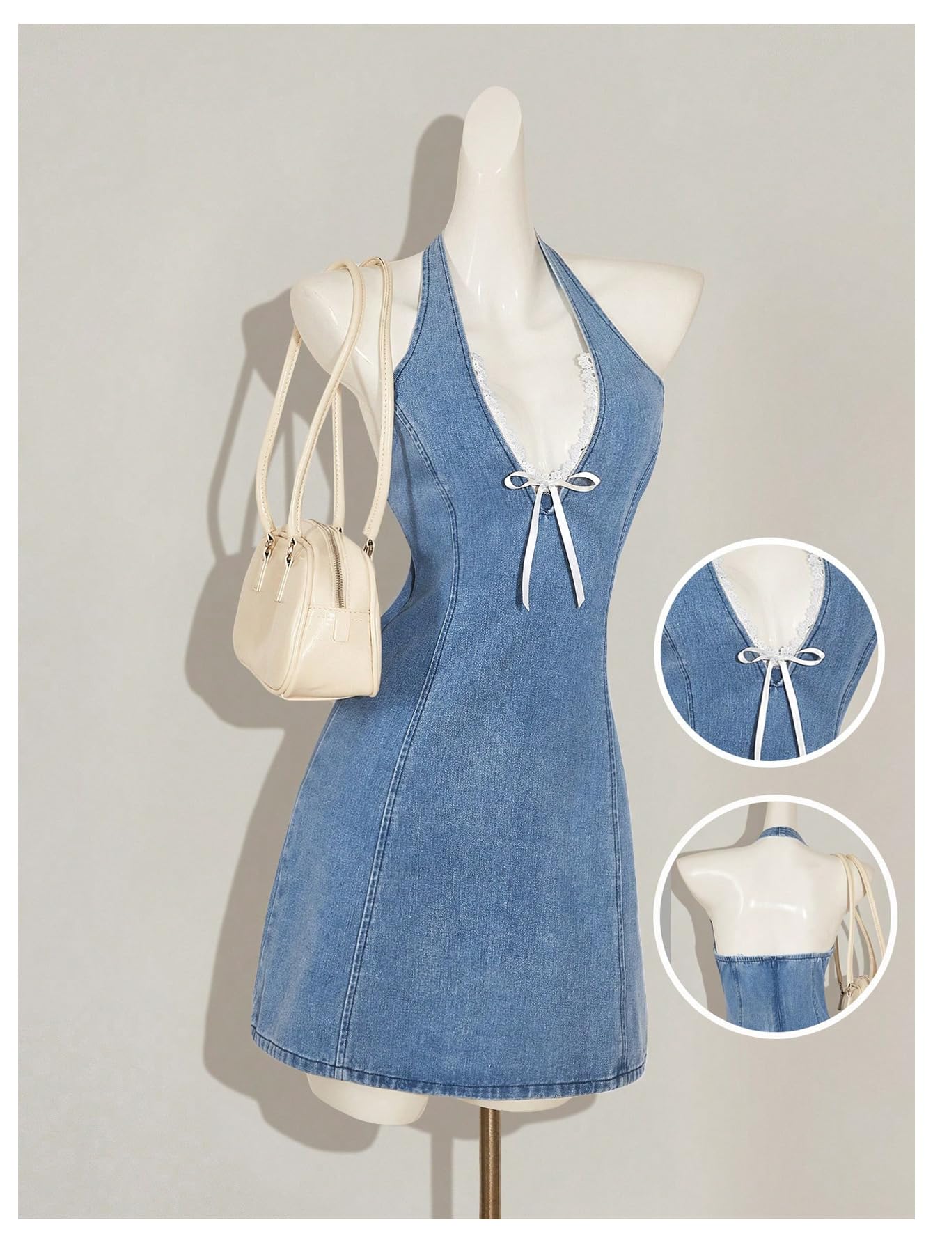 WDIRARA Women's Bow Halter Mini Jean Dress Lace Trim Sleeveless Backless Denim Dresses Light Wash Medium