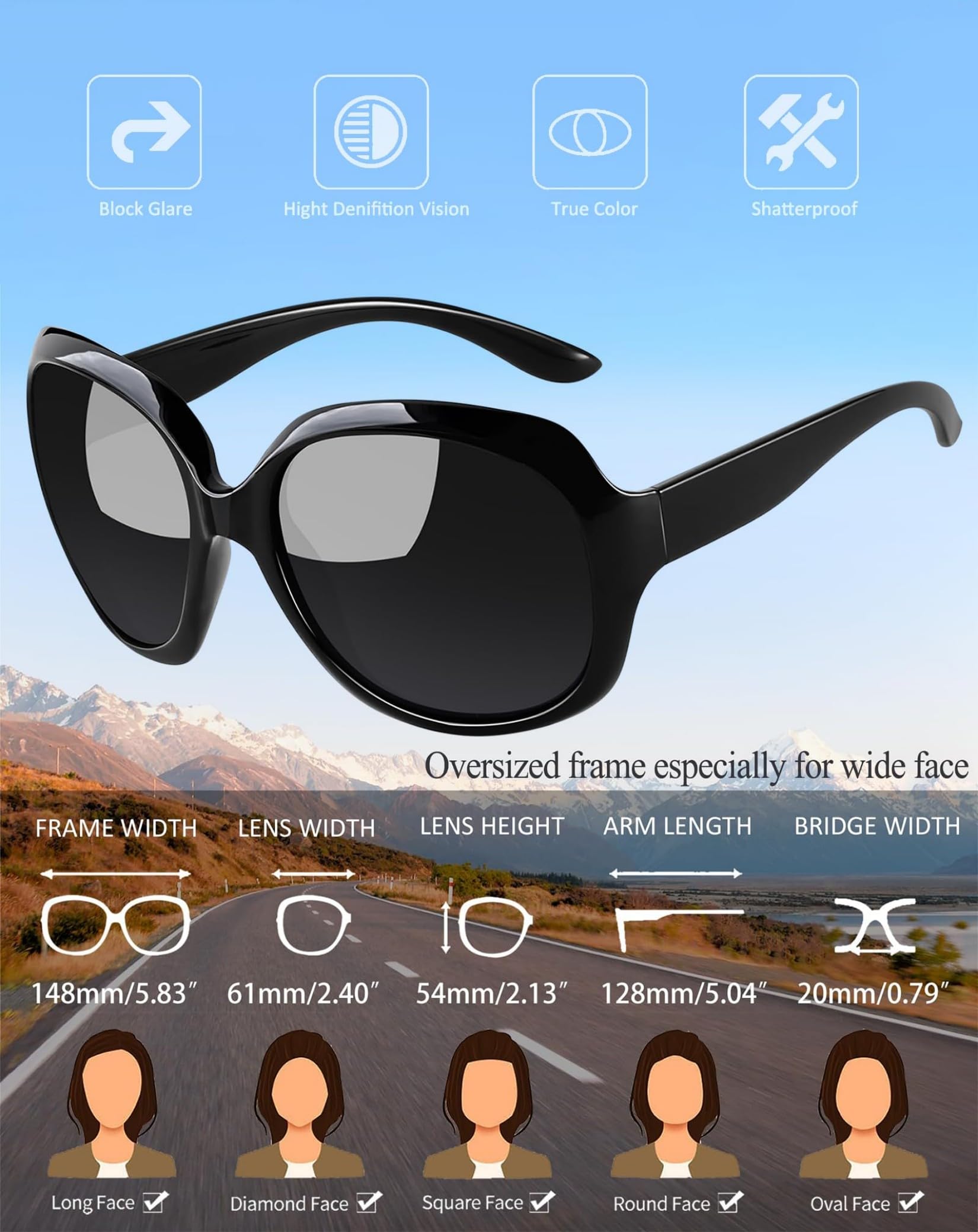 Joopin Oversized Sunglasses Womens Trendy, Polarized Big Black Sun Glasses for Woman UV Protection, Retro Ladies Large Square Shades Sunnies