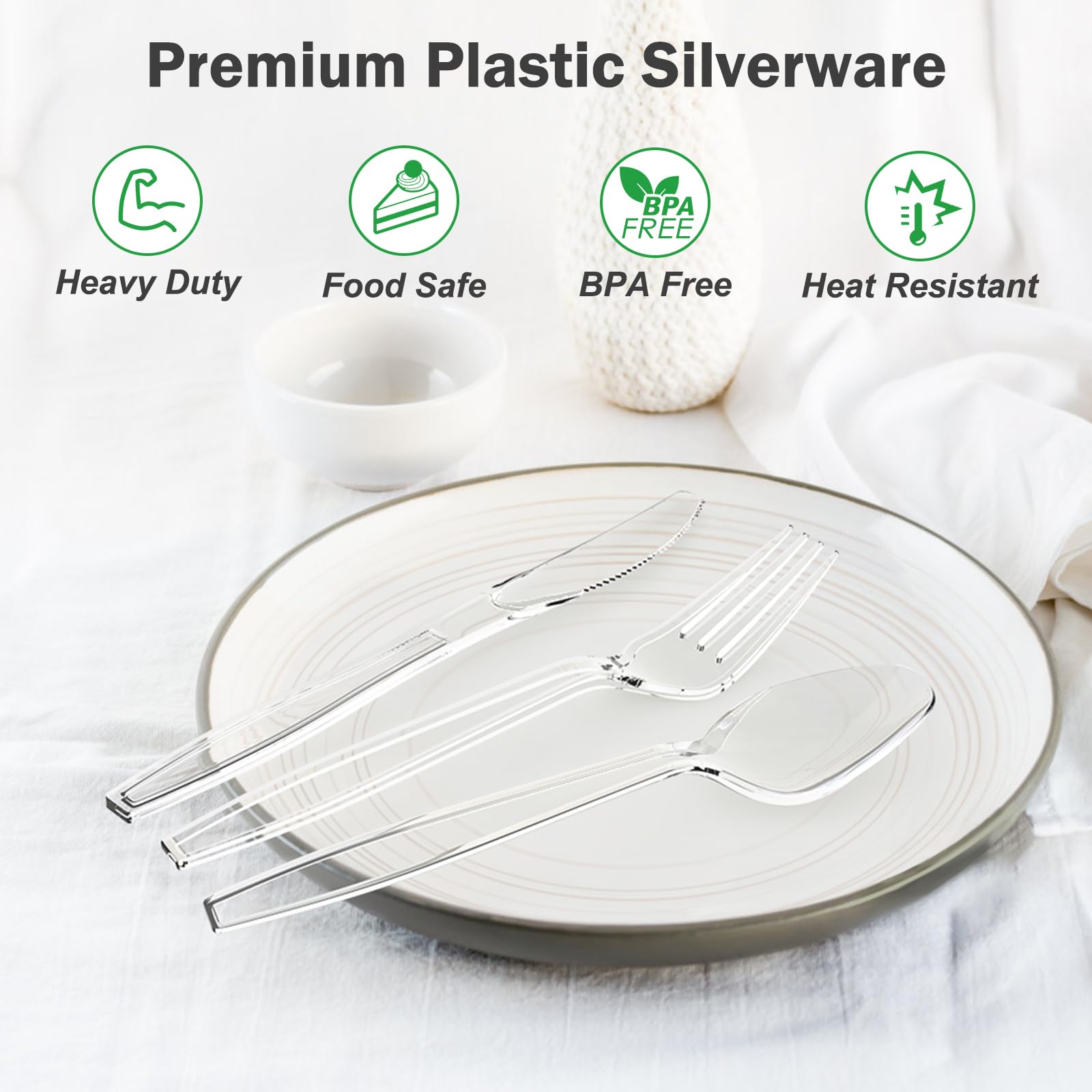 Dealusy 300 Count Extra Heavy Duty Clear Plastic Silverware, 100 Forks, 100 Spoons, 100 Knives, BPA-Free, Heat Resistant, Disposable Plastic Utensils Set, Plastic Cutlery Set, Plasticware Bulk