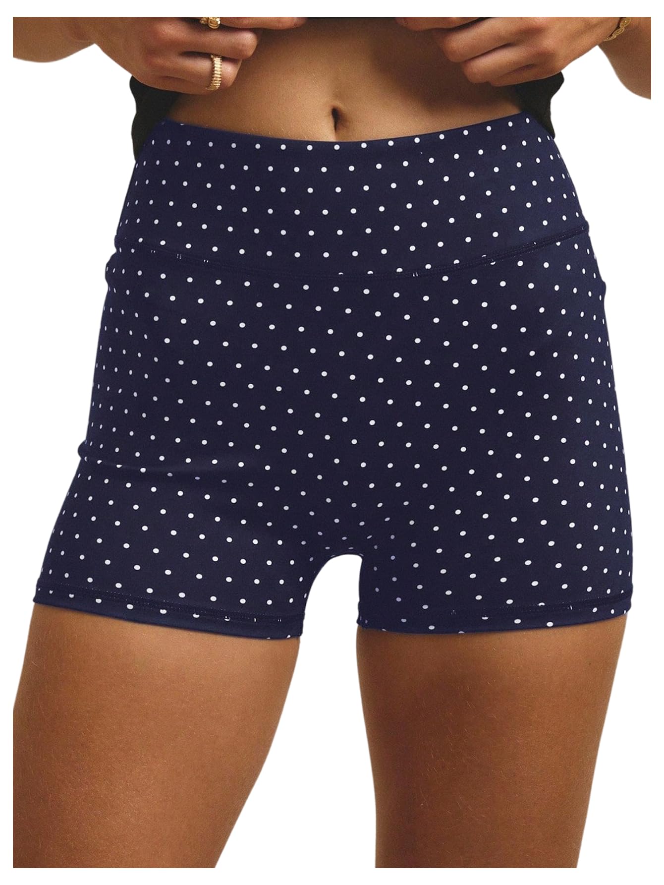 WDIRARA Women's Polka Dots Biker Shorts Elastic Waist Athletic Workout Yoga Shorts Dark Blue Medium