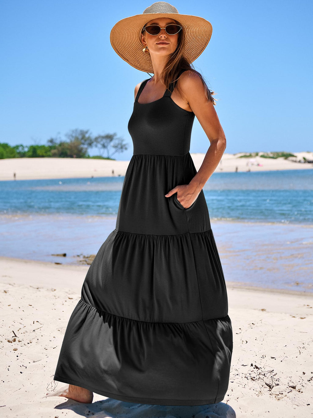 ANRABESS Women's Summer Casual Long Maxi Beach Vacation Dresses Sleeveless Square Neck Flowy Tiered Sun Dress with Pockets Black Large