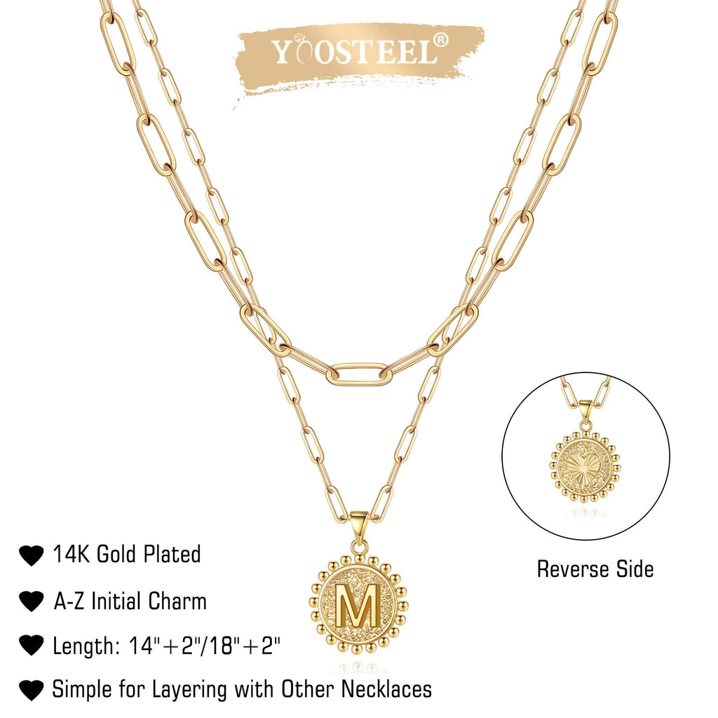 Yoosteel Gold Initial Necklaces for Women - 14K Gold Plated M Initial Necklaces for Women Jewelry Paperclip Link Chain Layered Necklace Personalized Birthday Gifts