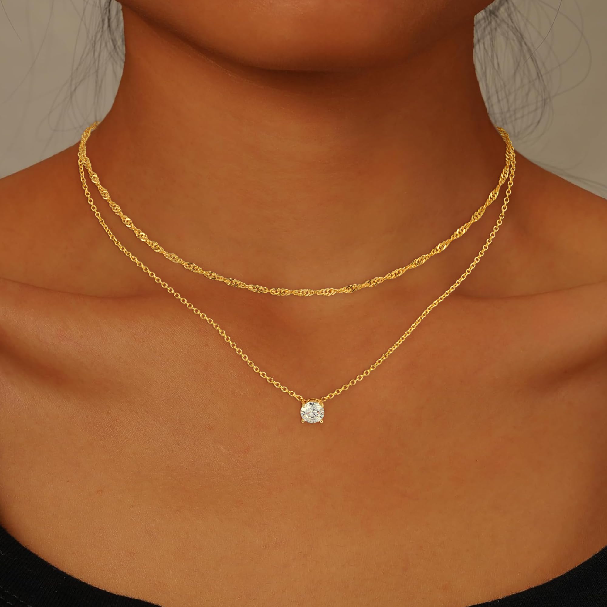 Treasure Bender Gold Necklace for Women Trendy - 14K Gold Plated Layered CZ Necklace Dainty Gold Pendant Choker Chain Necklaces Waterproof Non Tarnish Jewelry for Women Gifts