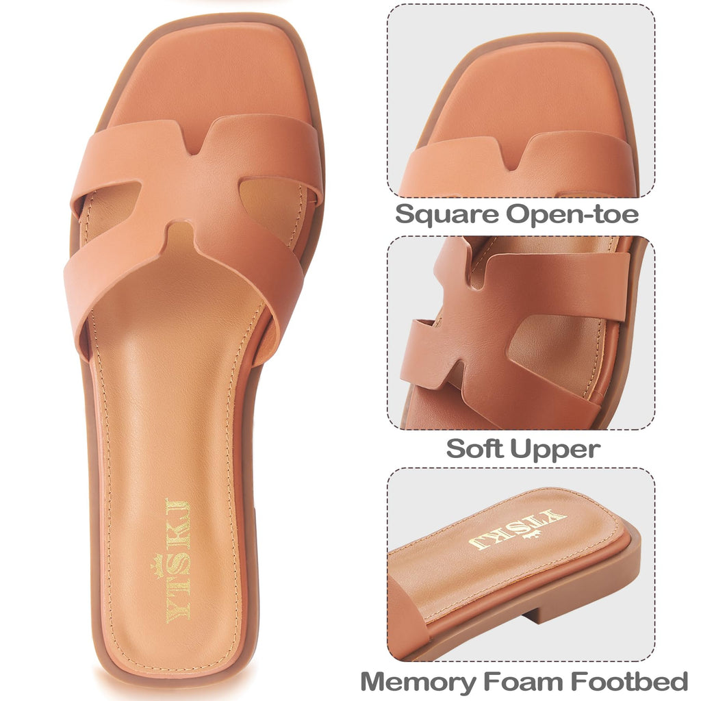 YTSKJ Sandals for Women Dressy Comfortable Flat Open Toe Casual Wide Width Cute Trendy Shoes Soft Leather Slip On Ladies Slides for Summer 2026 Brown Size 6