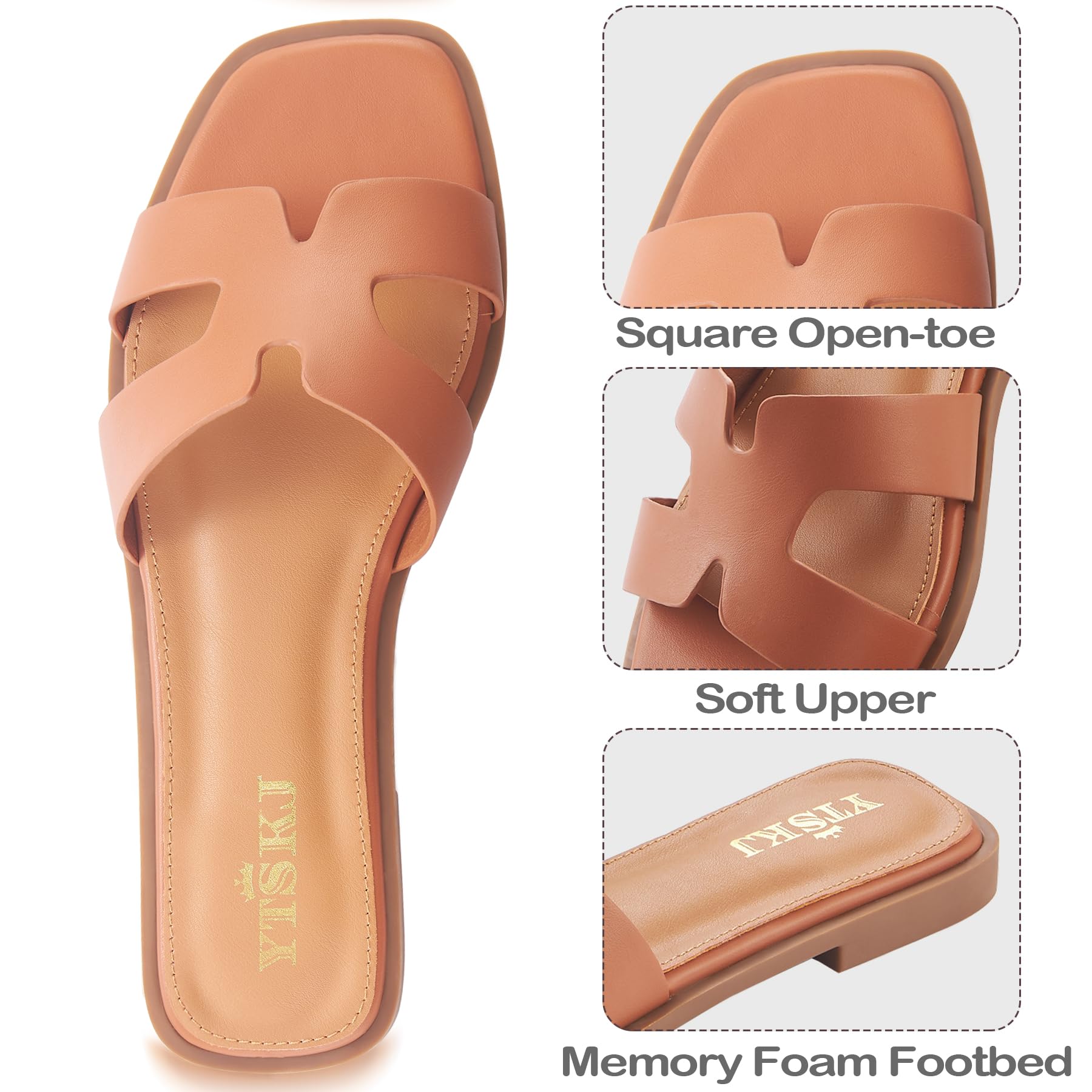 YTSKJ Sandals for Women Dressy Comfortable Flat Open Toe Casual Wide Width Cute Trendy Shoes Soft Leather Slip On Ladies Slides for Summer 2026 Brown Size 6