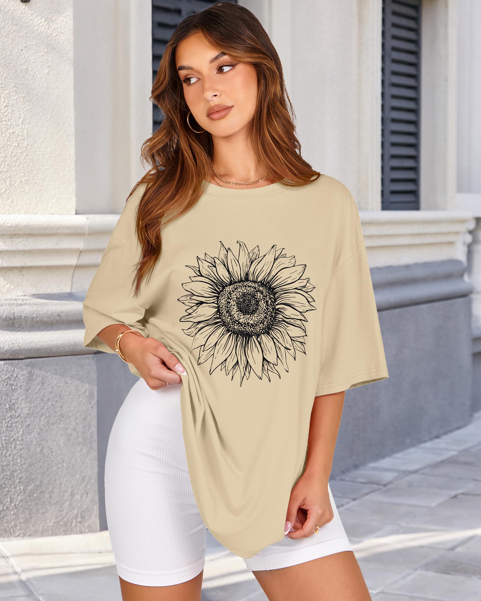 Womens Oversized Tshirt Graphic Tees Crew Neck Summer Short Sleeve Loose Fit Tops (A-Sunflower Print Khaki, L)