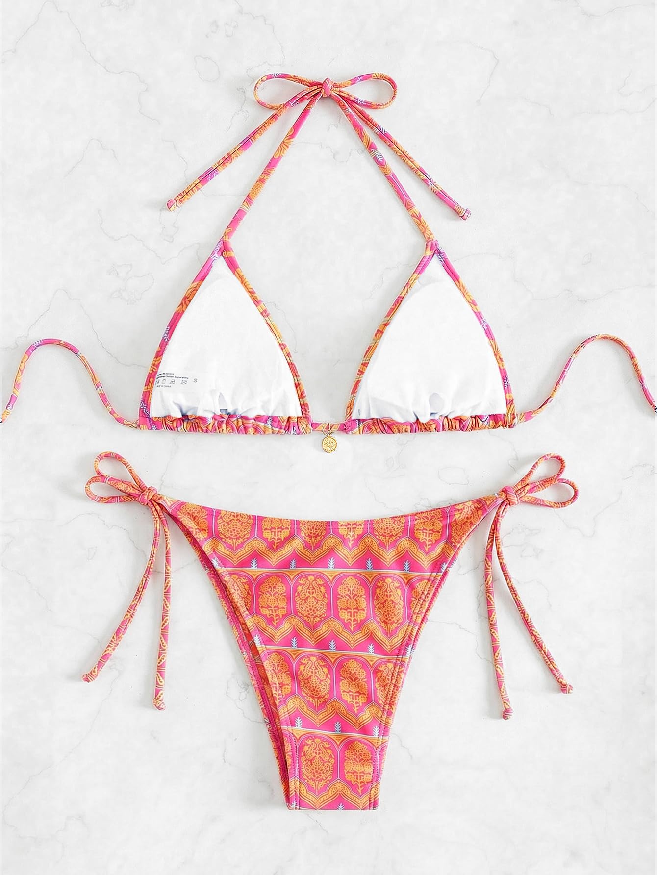 WDIRARA Women's 2 Piece Floral Print Swimsuits Geometric Halter String Triangle Bikini Set Beach Bathing Suit Pink Yellow Multi Medium