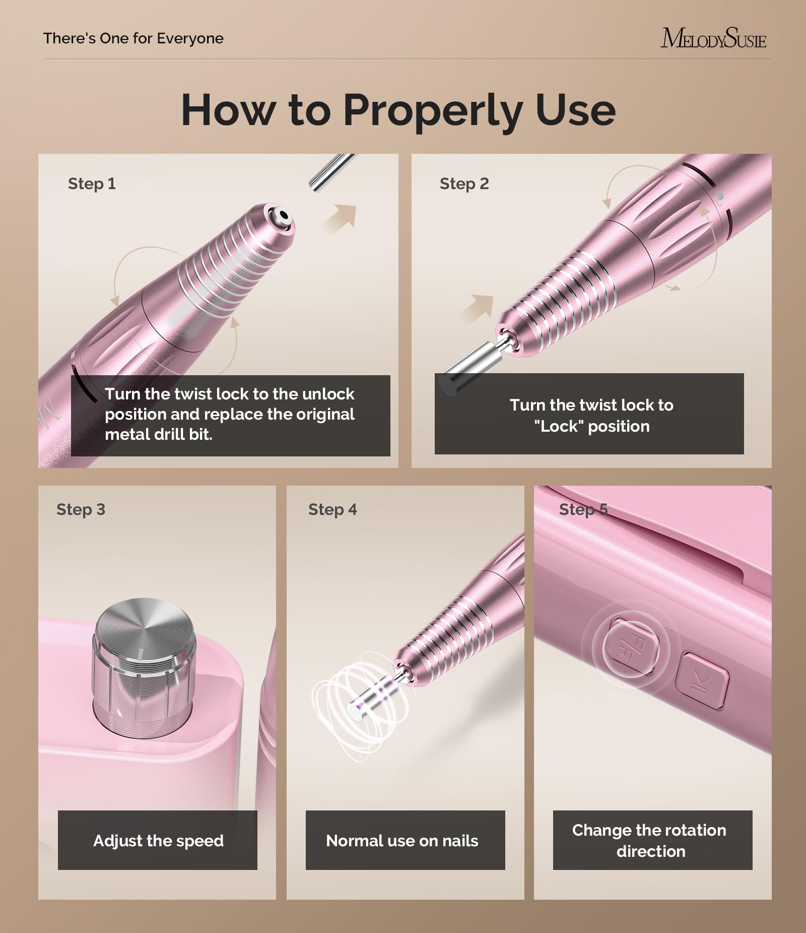 MelodySusie Entry-Level Clip-On Cordless Essential Nail Drill, SC300F 30000RPM E-File with LCD Display for All Manicure Shaping & Gel Removal, Ideal for Training, Nail Art Practice & Home Use, Pink