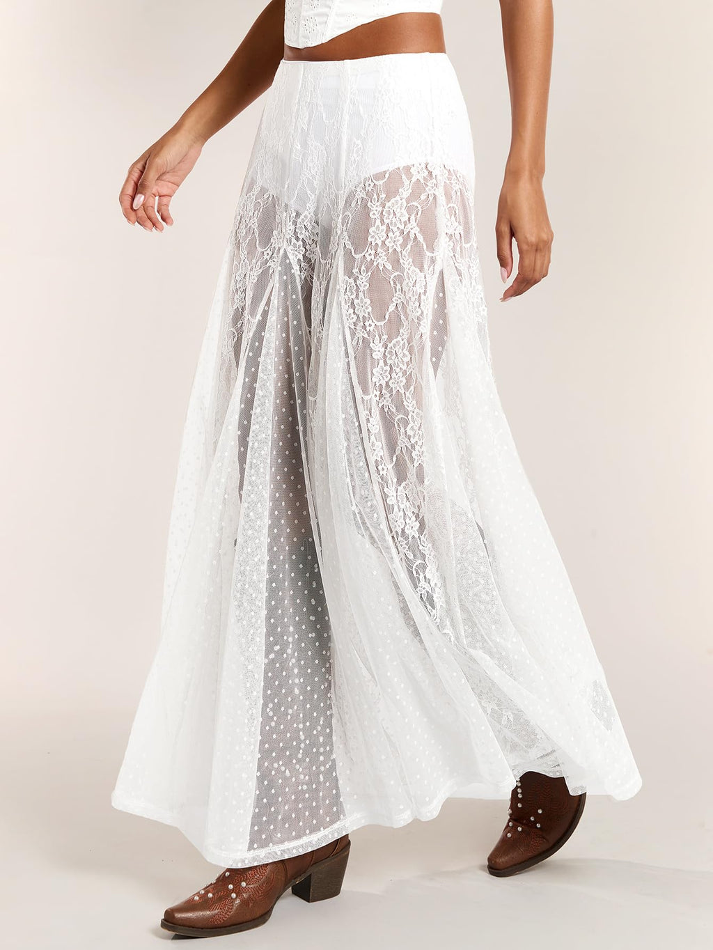 WDIRARA Women's Sexy See Through Sheer Lace Maxi Skirt Low Waist Ruffle Hem A Line Flowy Skirt White X-Large