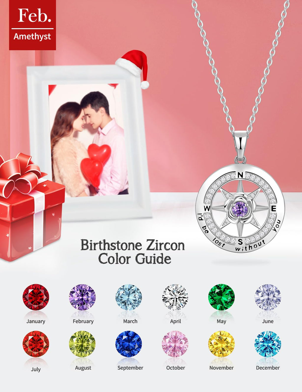 Meeshi Compass Necklace for Women Necklaces for Wife Birthday Gift for Wife for Gifts for Anniversary for Her Amethyst Necklace[Feb-Amethyst-S]