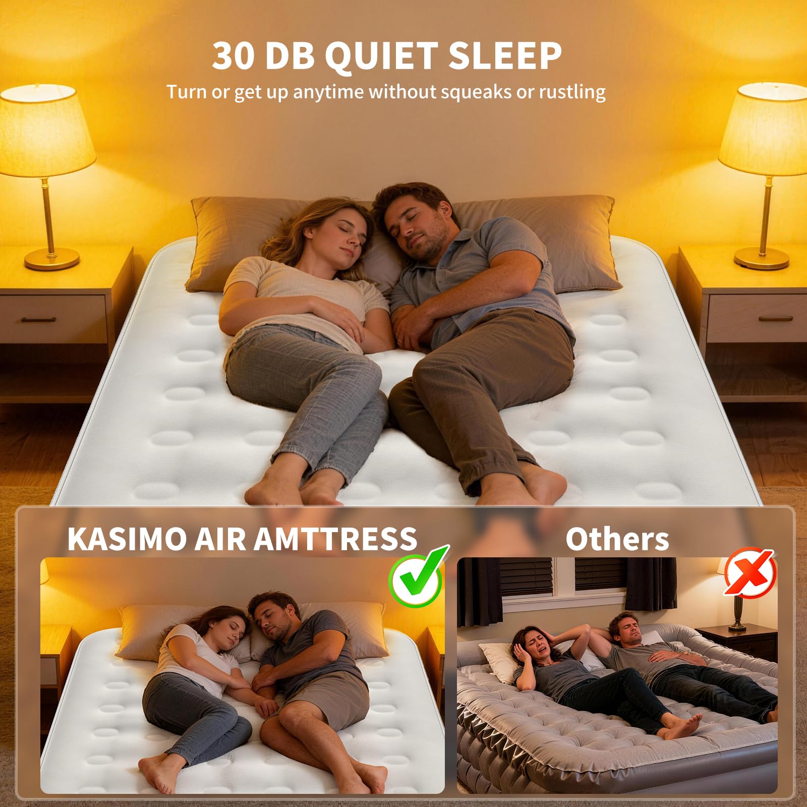 KASIMO Queen Air Mattress with Built-in Battery Powered Removable Pump, Blow Up Mattress Inflatable AirBed with Soft Suede Surface,Air Bed for Home Guests Camping