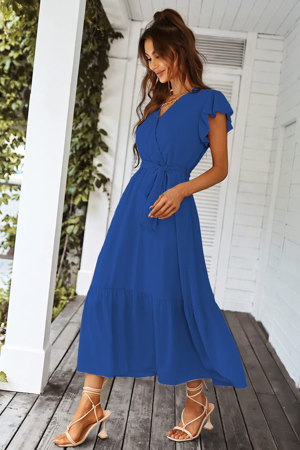 PRETTYGARDEN Women's Summer Floral Boho Dress Wrap V Neck Short Sleeve Ruffle A-Line Flowy Maxi Wedding Guest Dresses (Solid Dark Blue,Large)