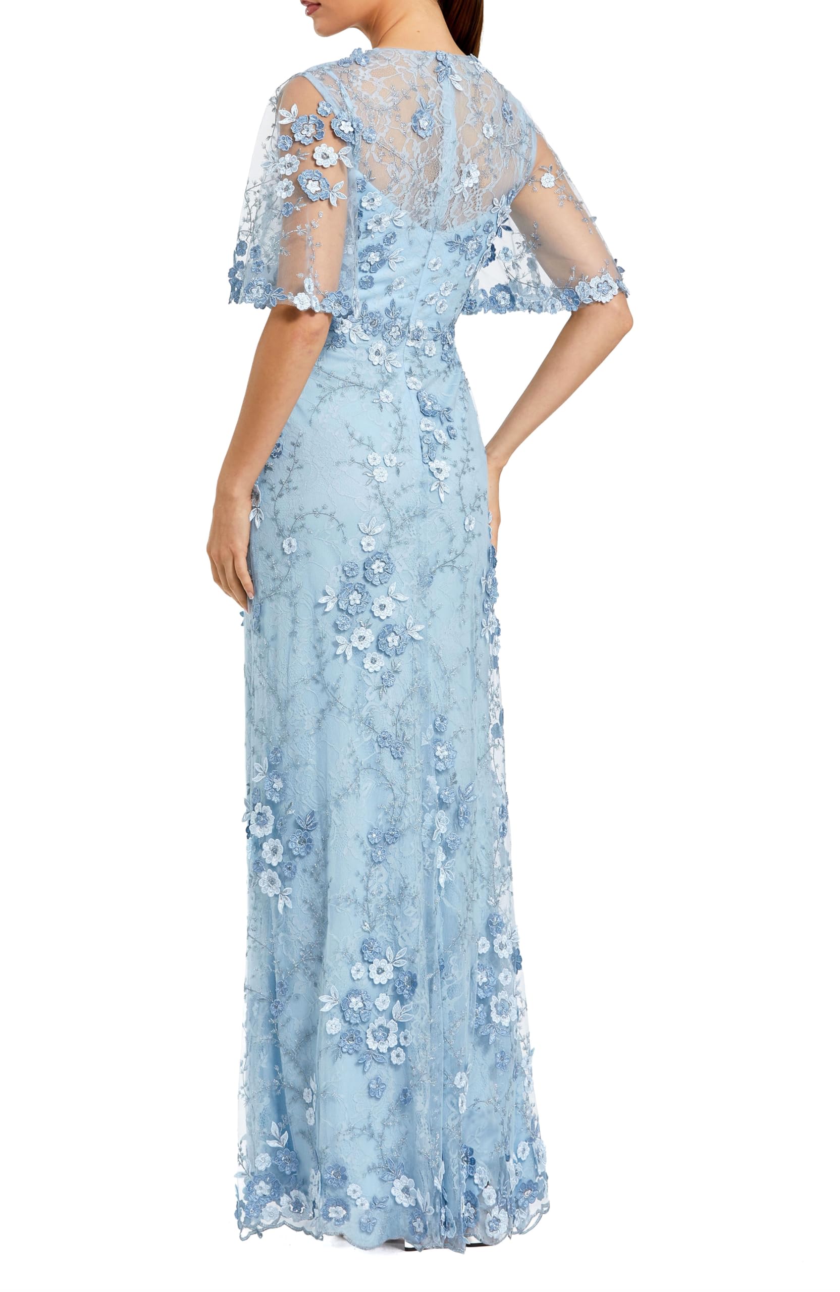 Flutter Sleeve Floral Emboridered Net Gown French Blue