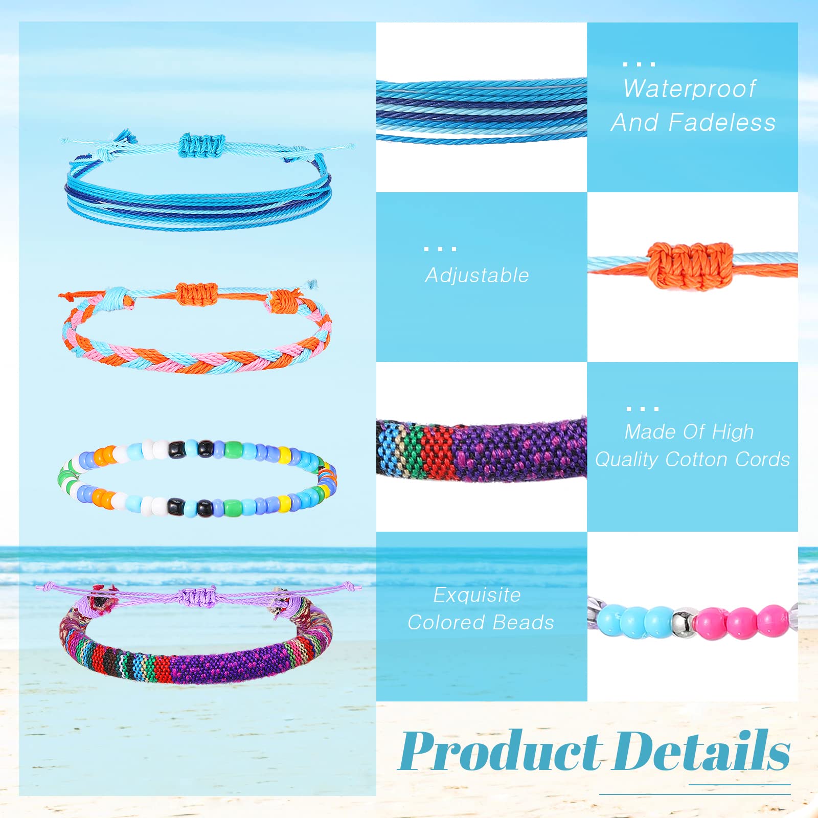Remerry 48 Pieces Handmade Friendship Bracelets Bulk Boho Adjustable Woven Braided Bracelets for Women Men Colorful Beaded Bracelet Stacking Elastic Beaded Anklet Jewelry for Concert Party Summer Gift