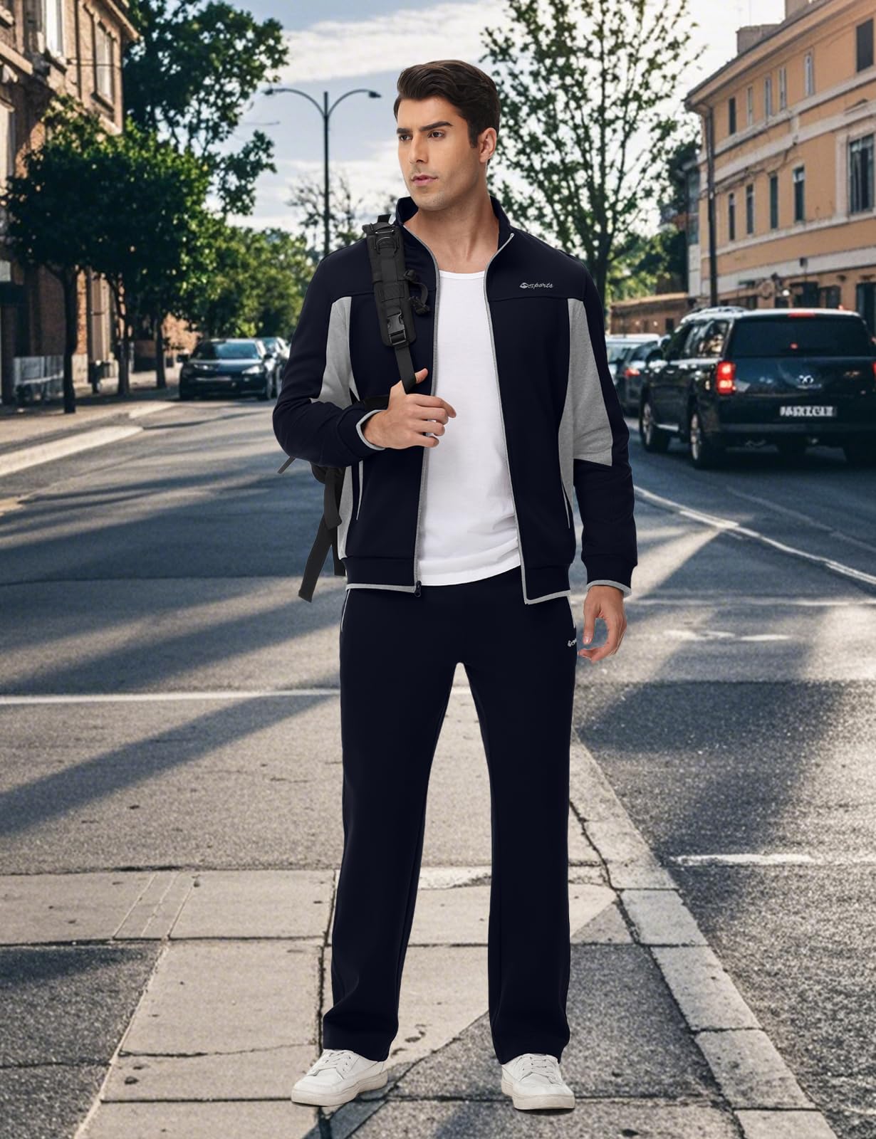 TBMPOY Men's Fleece Lined Tracksuits Sweatsuits 2 Piece Sets Winter Jogging Track Sweat Suits Thermal Casual Outfits Dark Blue/Light Grey L
