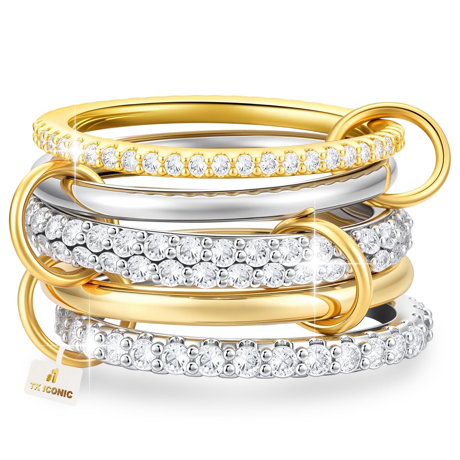 Umini 18K Gold plated Stackable Rings For Women Silver And Gold Stackable Ring Set Cubic Zircon Mixed Metal Rings For Engagement Wedding Birthday Valentine's Day Mother's Day Gift