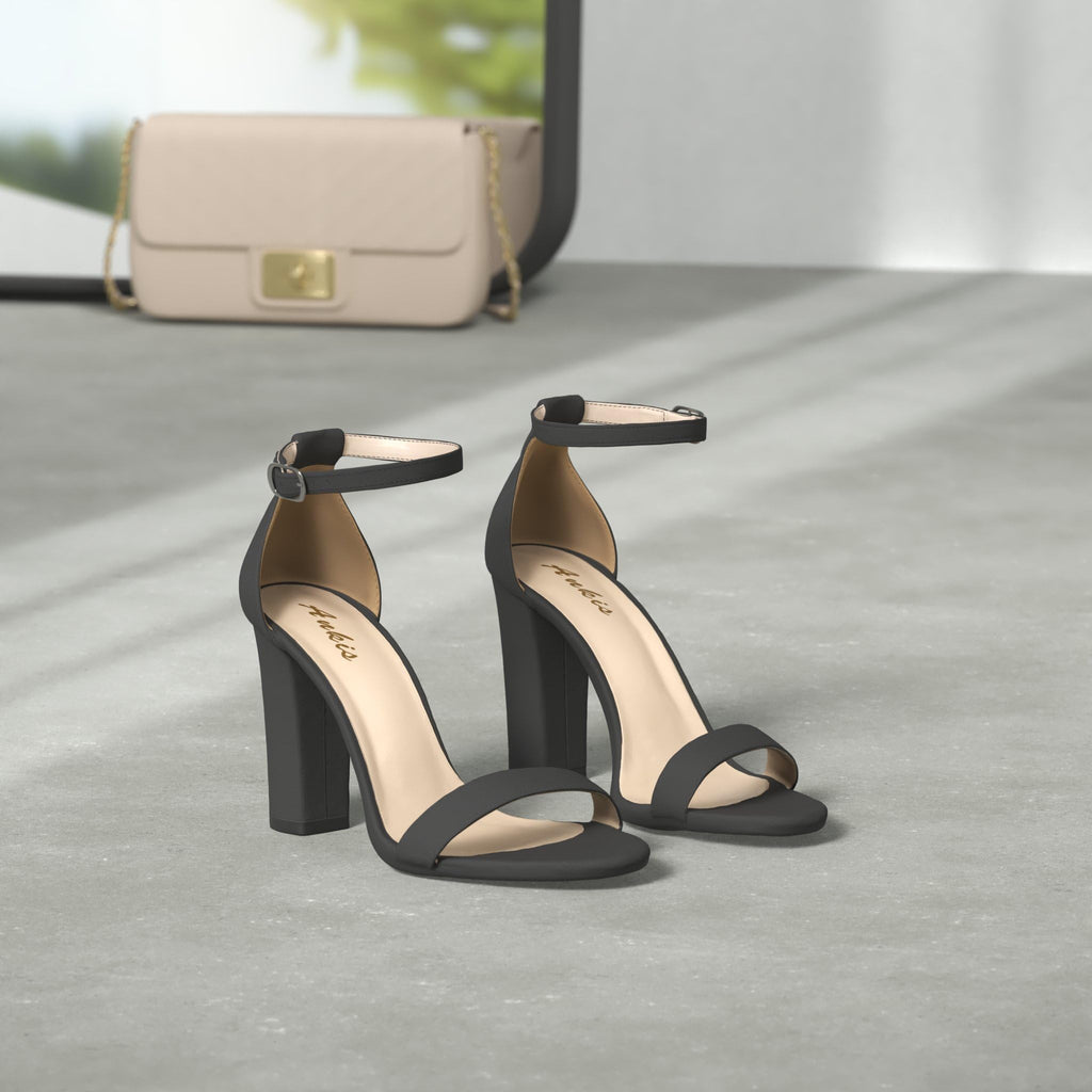 Ankis Black Heels for Women - Open Toe Ankle Strap Chunky High Heel Pump Sandals Party Wedding Strappy Buckle Sandals Standard Size 4 Inches Tall Thick Heel Design