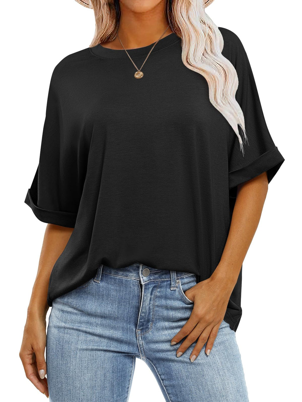 ANRABESS Womens Tops Oversized T Shirts Short Sleeve Crewneck Summer Casual Loose Basic Tee Shirt 2026 Trendy Fashion Clothes Black Large