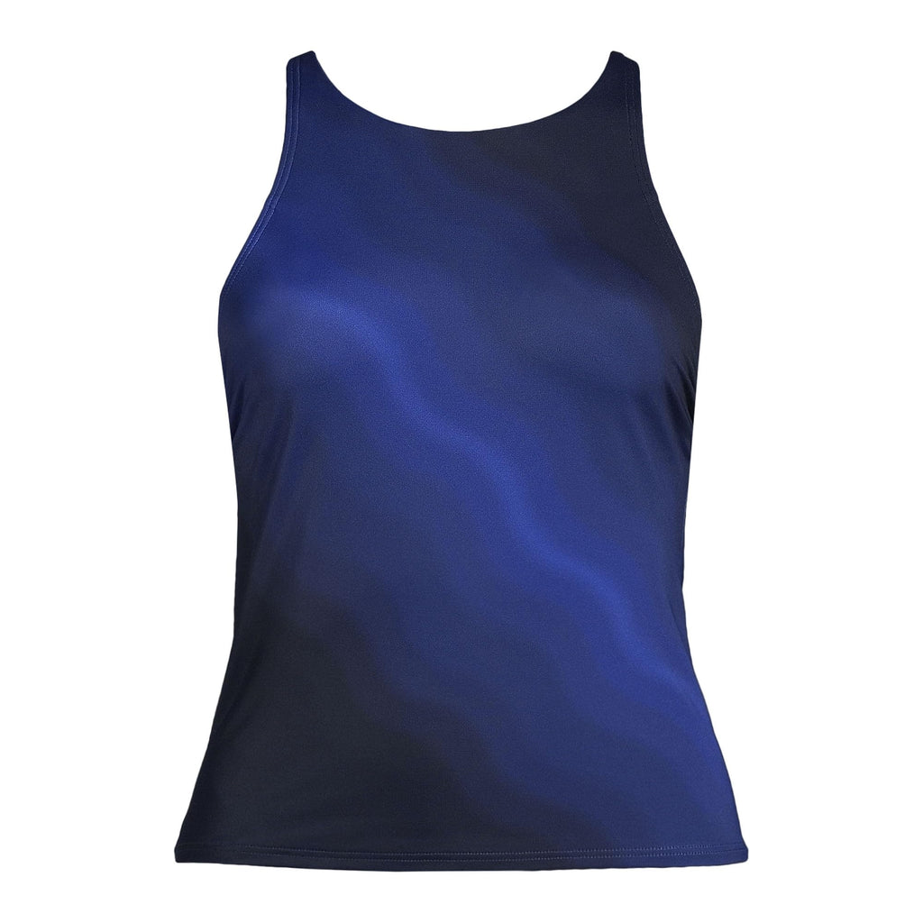 Lands' End Women's Tugless High Neck Strappy Back Tankini Top 2 Blue Wavy Ombre