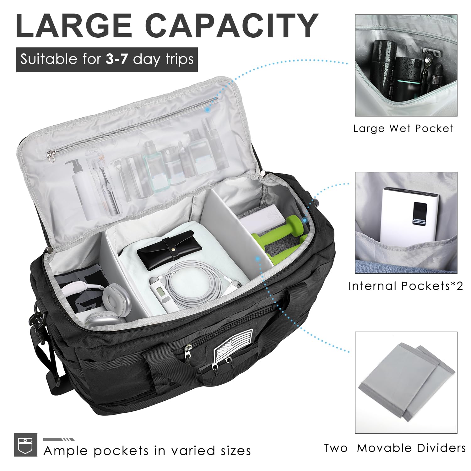 ETRONIK Travel Bag for Men Women, Gym Bag & Tactical Duffle Bags for Travel, Carry on with Toiletry Bag and Shoe Compartment, Weekender Overnight Trip with Wet Pocket for Workout Medical, Black