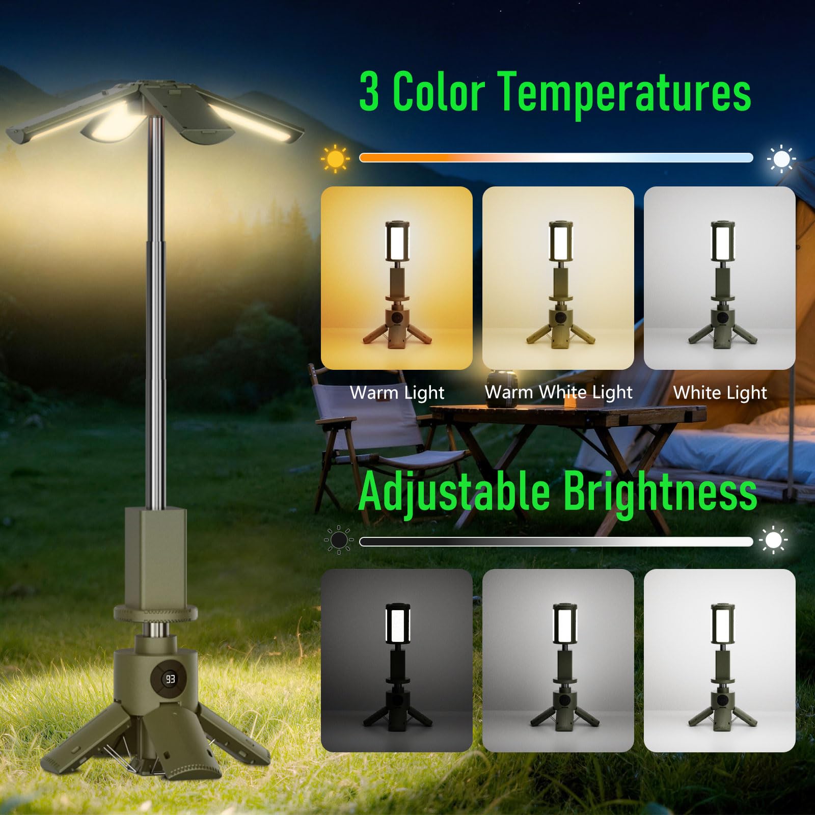 UBeesize Telescopic Camping Lights with Stand, 14000mAh Rechargeable Camping Lantern with Display, Hook and IPX5 Waterproof, Outdoor Portable Tripod Light for Travel, Fishing, Emergency Use