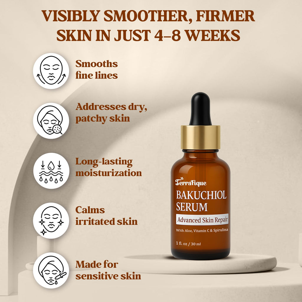 Terrafique Bakuchiol Serum - Retinol Alternative - Hydrating and Moisturizing - Can be Used on Sensitive Skin - Anti Aging - Also Contains Aloe, Witch Hazel, Centella, Spirulina - 1 Fl. Oz.