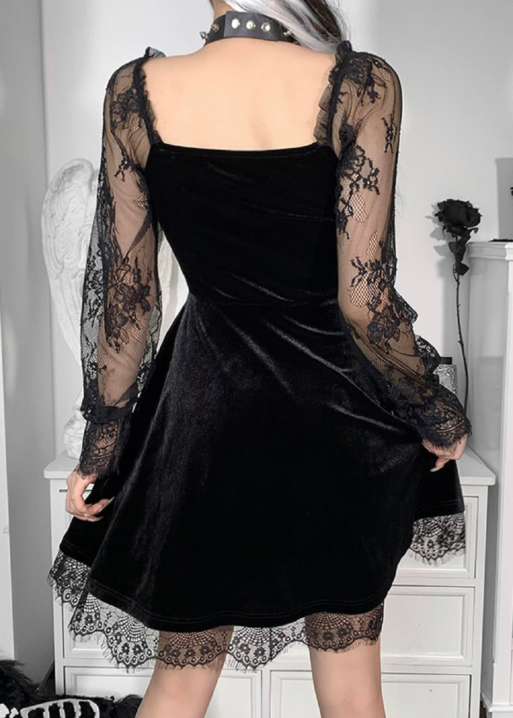 TSMNZMU Women Gothic Velvet Dress - Flared Lace Long Sleeve Midi Dresses - Lolita Fairy Grunge Harajuku Dress Alt Clothes