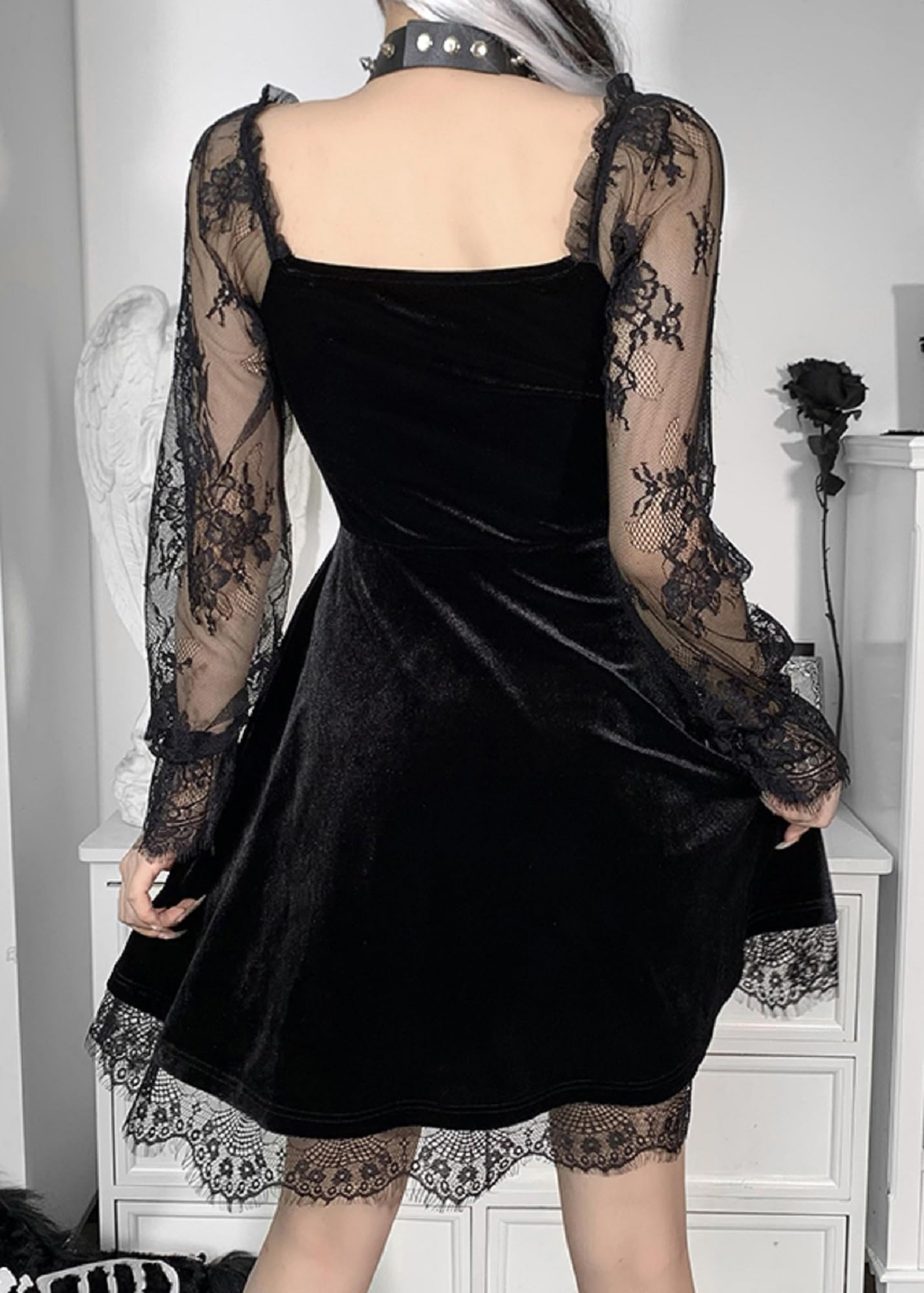 TSMNZMU Women Gothic Velvet Dress - Flared Lace Long Sleeve Midi Dresses - Lolita Fairy Grunge Harajuku Dress Alt Clothes