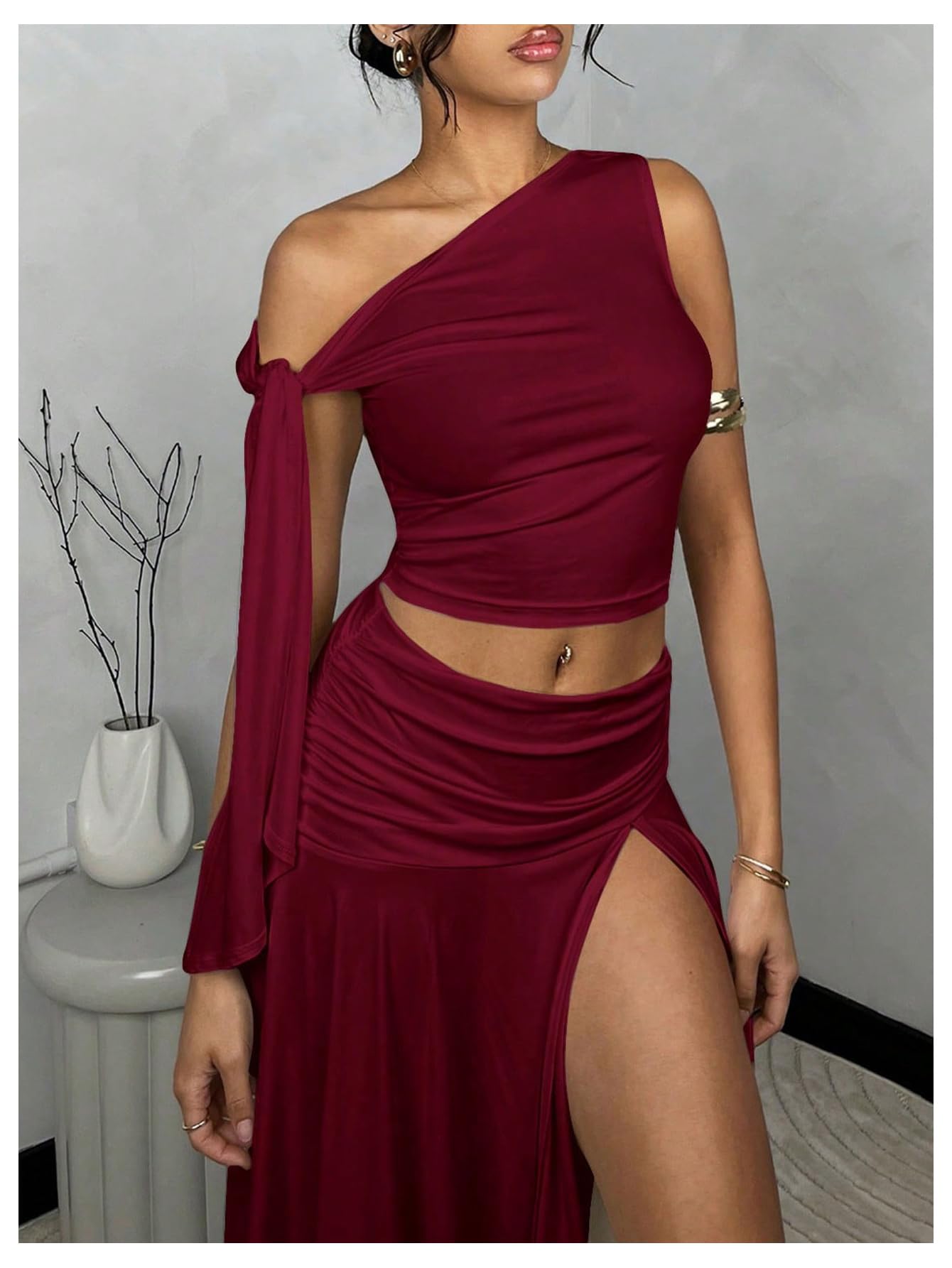WDIRARA Women's 2 Piece Outfits Asymmetrical Neck Sleeveless Top and Split Thigh Ruffle Midi Skirt Set Burgundy Small