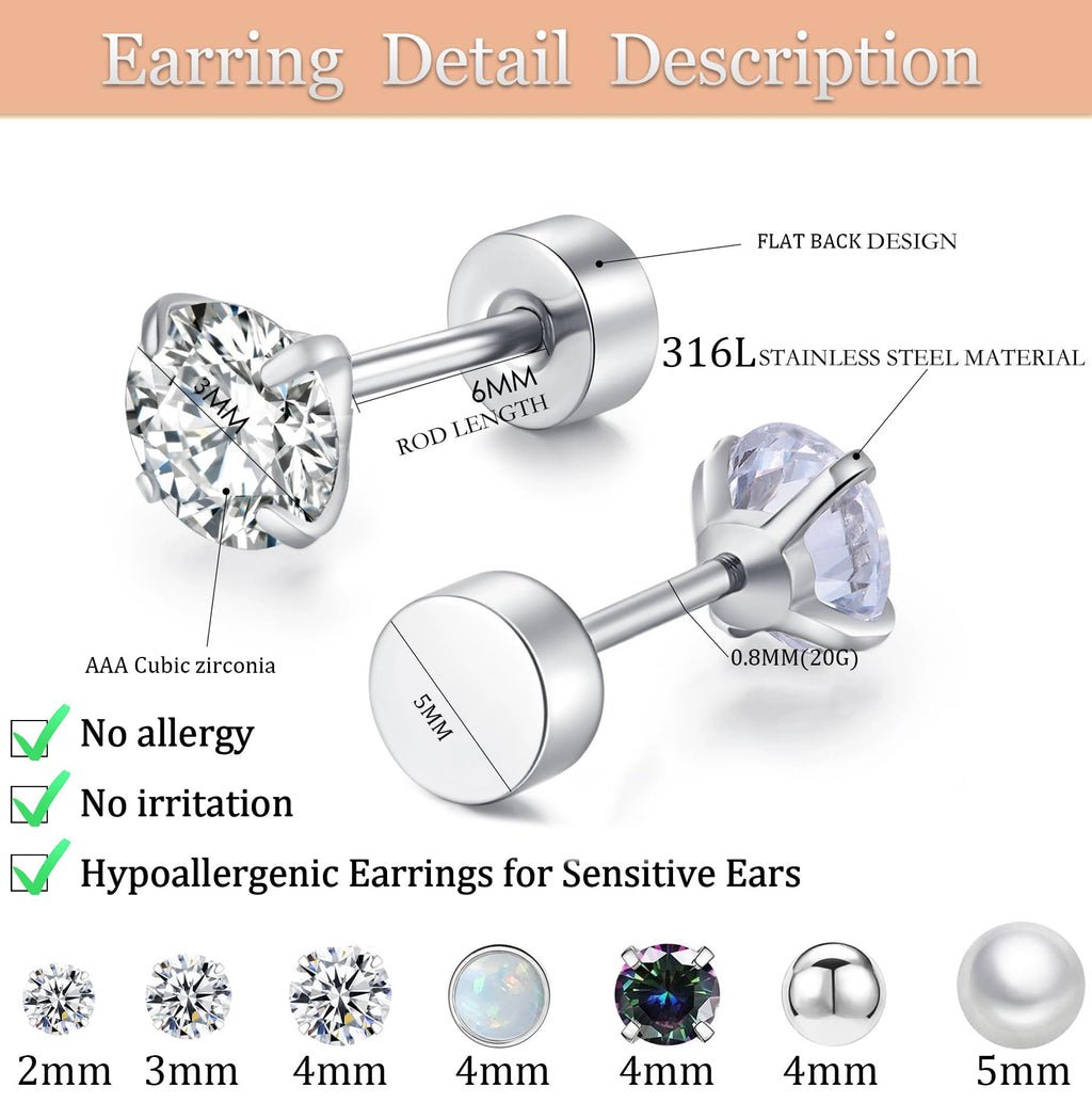 Hypoallergenic Flat Back Earring Sets for Multiple Piercing Sterling Silver Small Huggie Hoop Earrings for Women Surgical Stainless Steel FlatBack Silver Stud Earrings Trendy Cartilage Earring Stacks