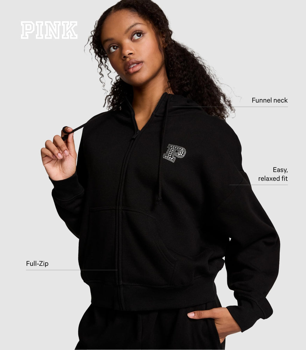 Victoria's Secret PINK Women's Campus Fleece Full-Zip Hoodie Sweatshirt, Coal, (M)