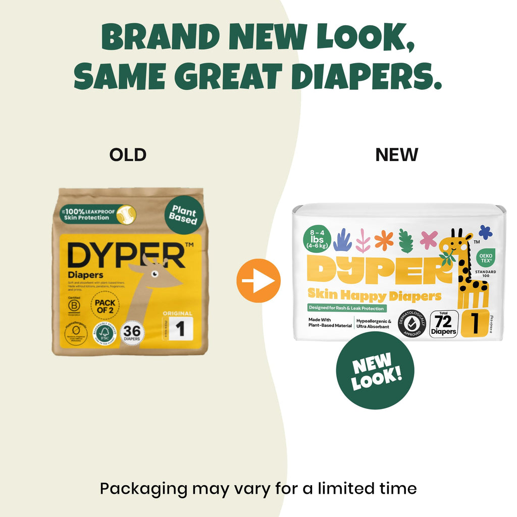 DYPER - Pack of 2 Baby Diapers Size 1 (72 Count) - Leak Proof, Plant Based, Hypoallergenic & Ultra Absorbent Disposable Diaper for Day & Overnight, Skin-Friendly Comfort Size 1 Diapers (8-14 lbs)
