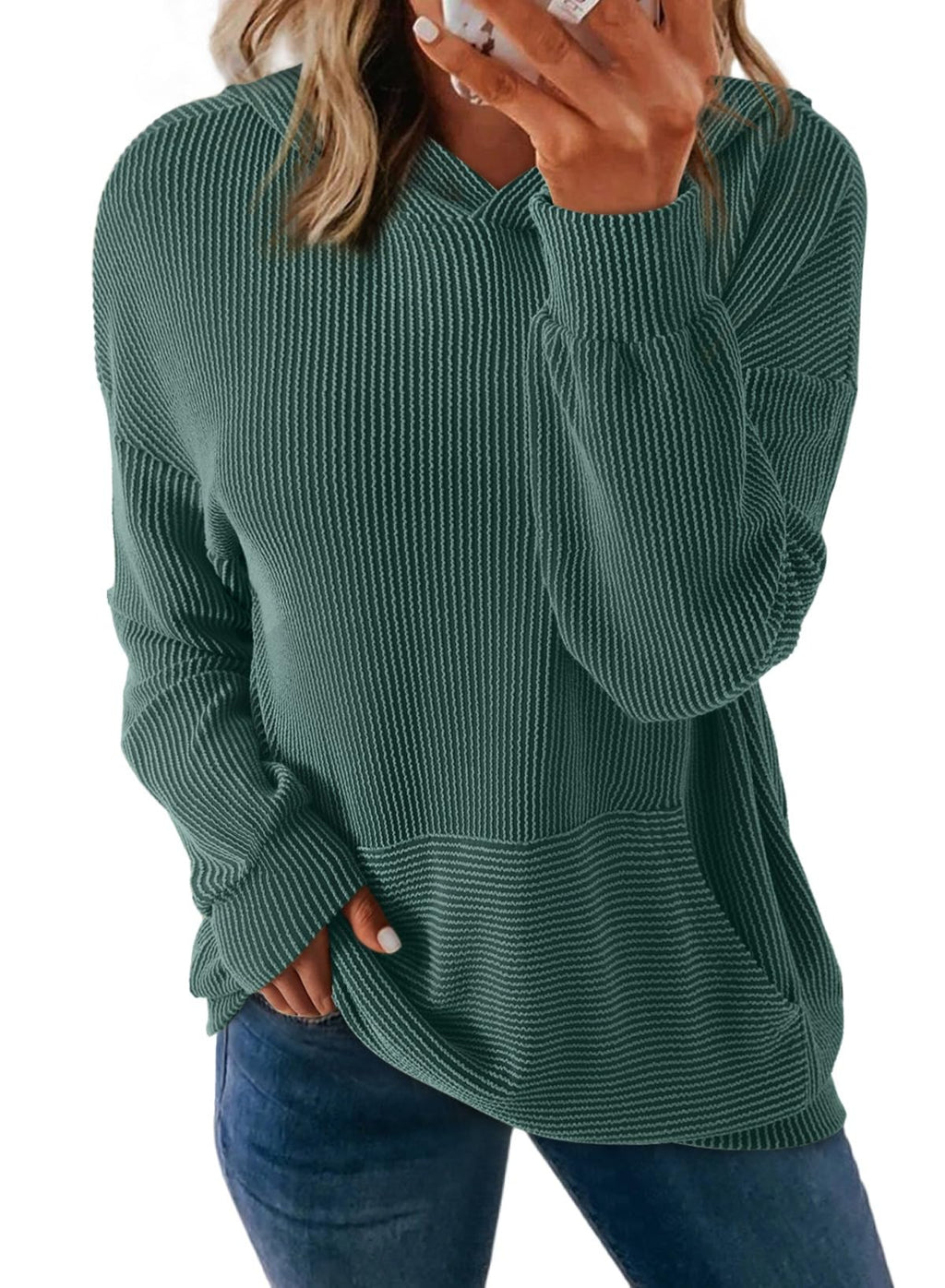 Dokotoo Oversized Sweatshirt for Women Comfy Simple Hoodies for Women Long Sleeve with Pockets Hooded Pullovers Casual Loose Ribbed Knit Fit Tops Shirts Womens Clothes Fall Fashion Green Hoodie M